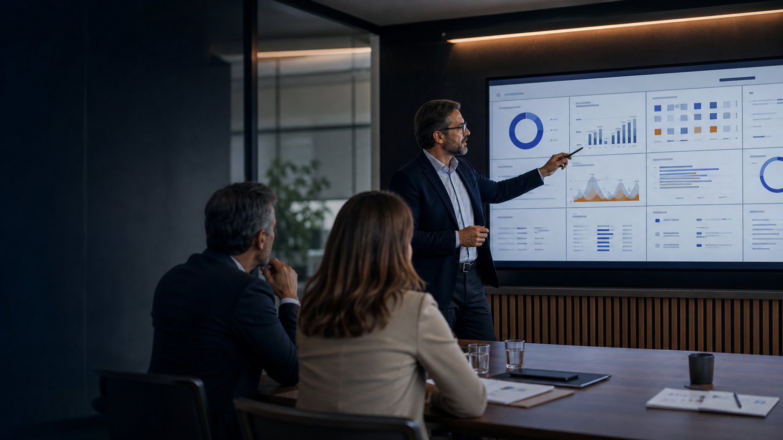 Equipe avaliando uma demonstração de software de gestão de serviços